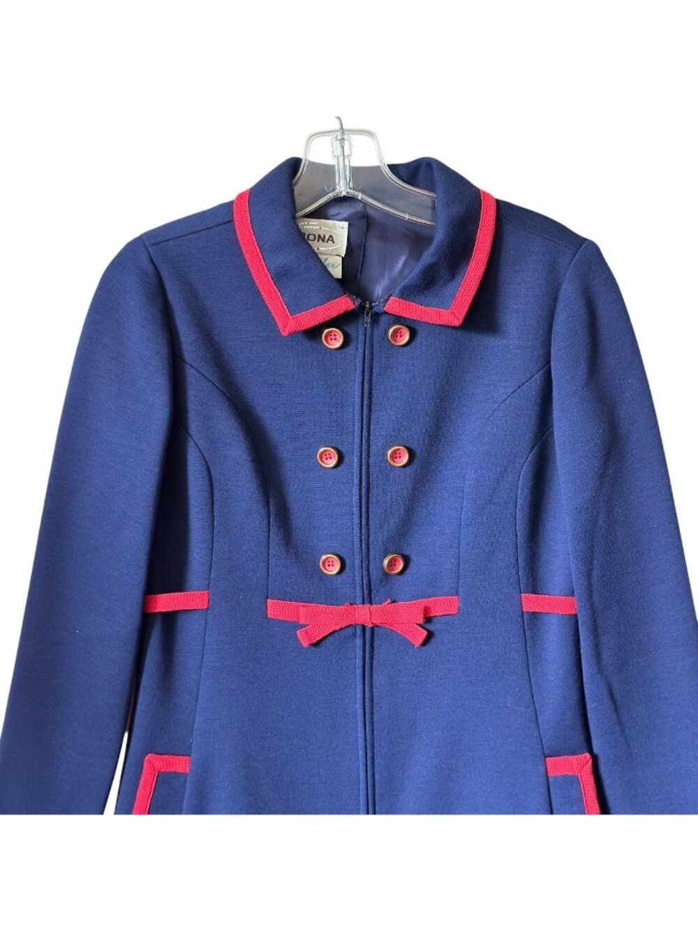 Vintage Rona Coat Dress Medium Worsted Wool Acetate Navy Blue w Red Trim As Is - Picture 2 of 16